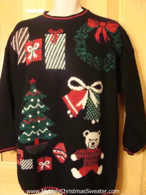 80s Ugly Christmas Sweater with Bear, Wreath, Tree