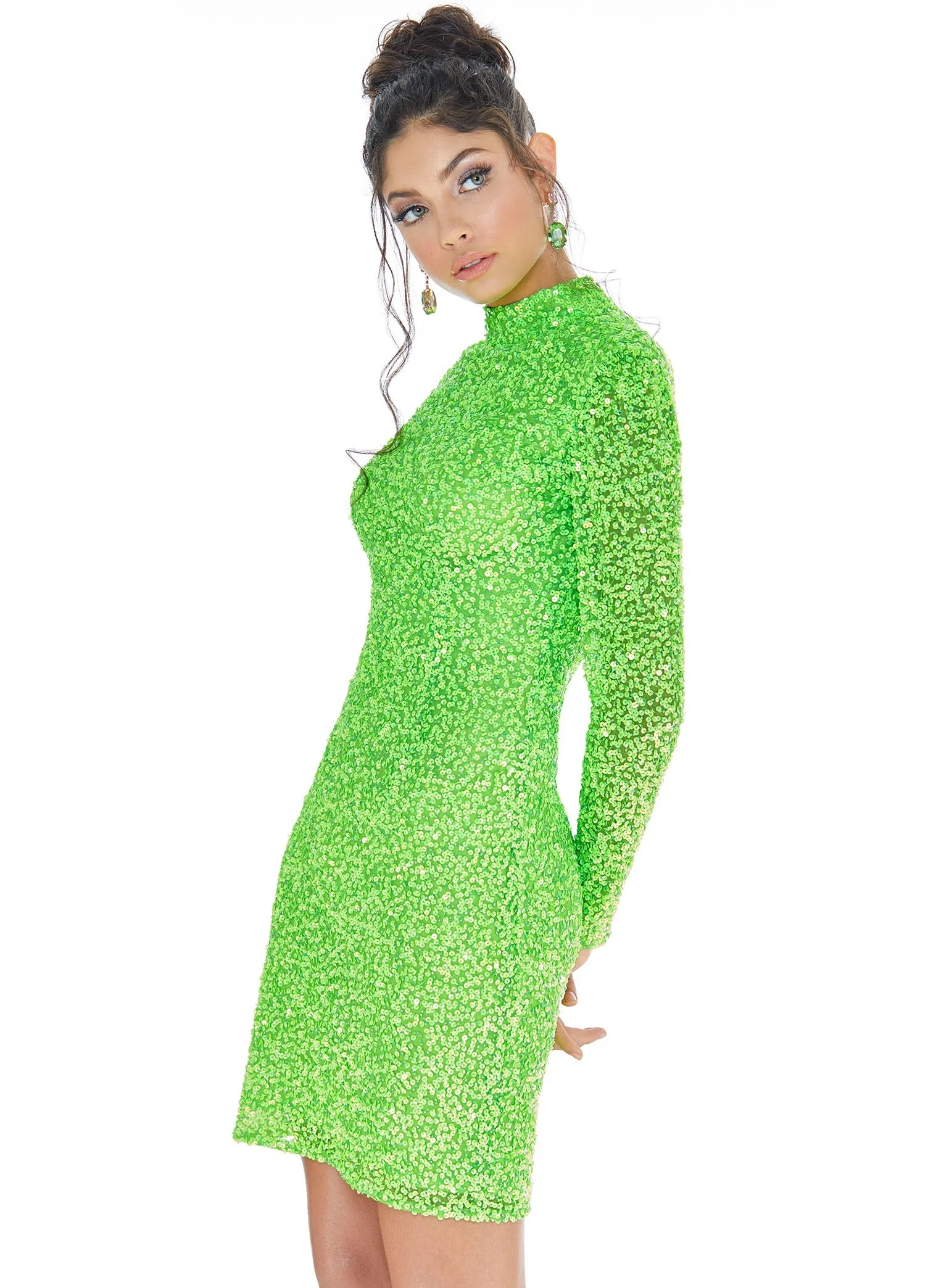 Ashley Lauren 4252 Size 12 Jade Cocktail Dress long sleeve short sequin fitted homecoming dress