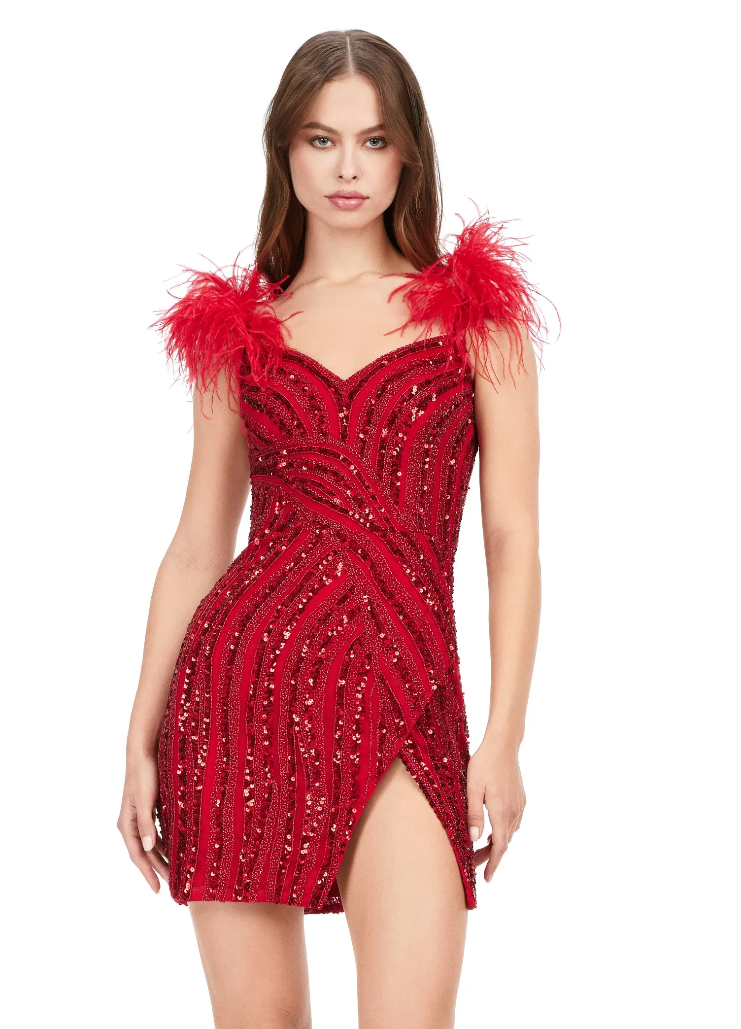 Ashley Lauren 4626 Beaded Spaghetti Strap With Feather Design Fitted Cocktail Homecoming Dress
