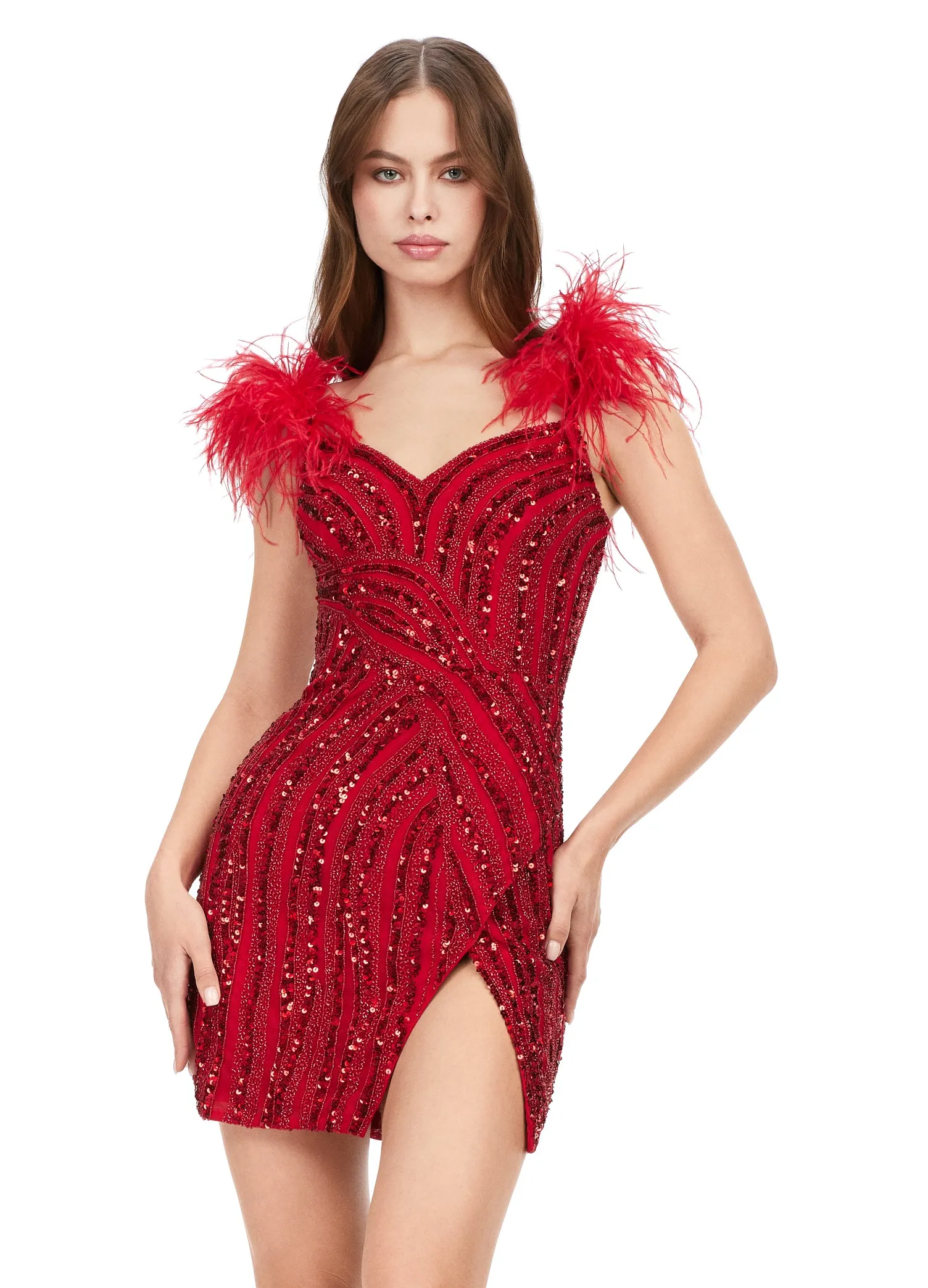Ashley Lauren 4626 Beaded Spaghetti Strap With Feather Design Fitted Cocktail Homecoming Dress