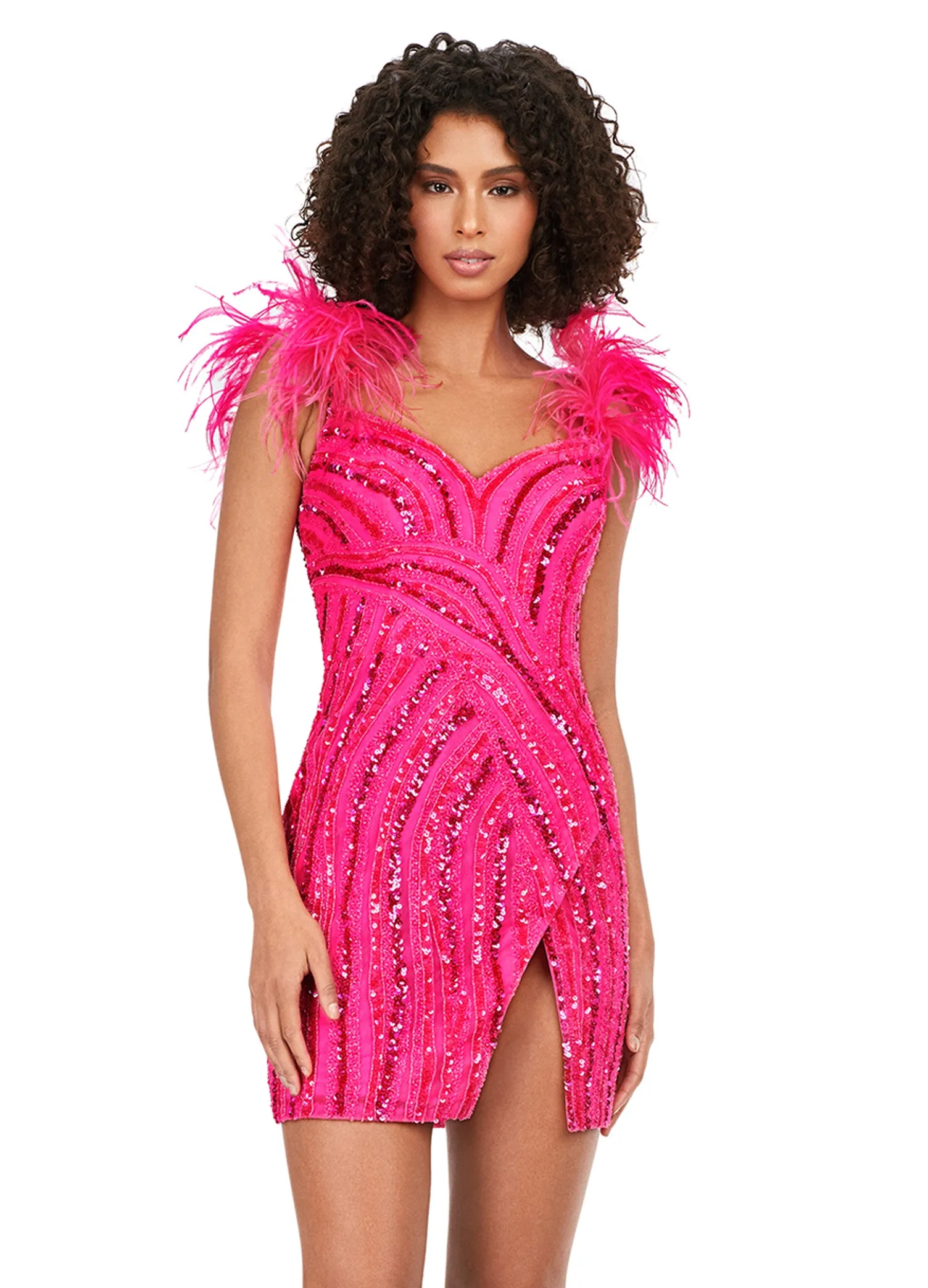Ashley Lauren 4626 Beaded Spaghetti Strap With Feather Design Fitted Cocktail Homecoming Dress