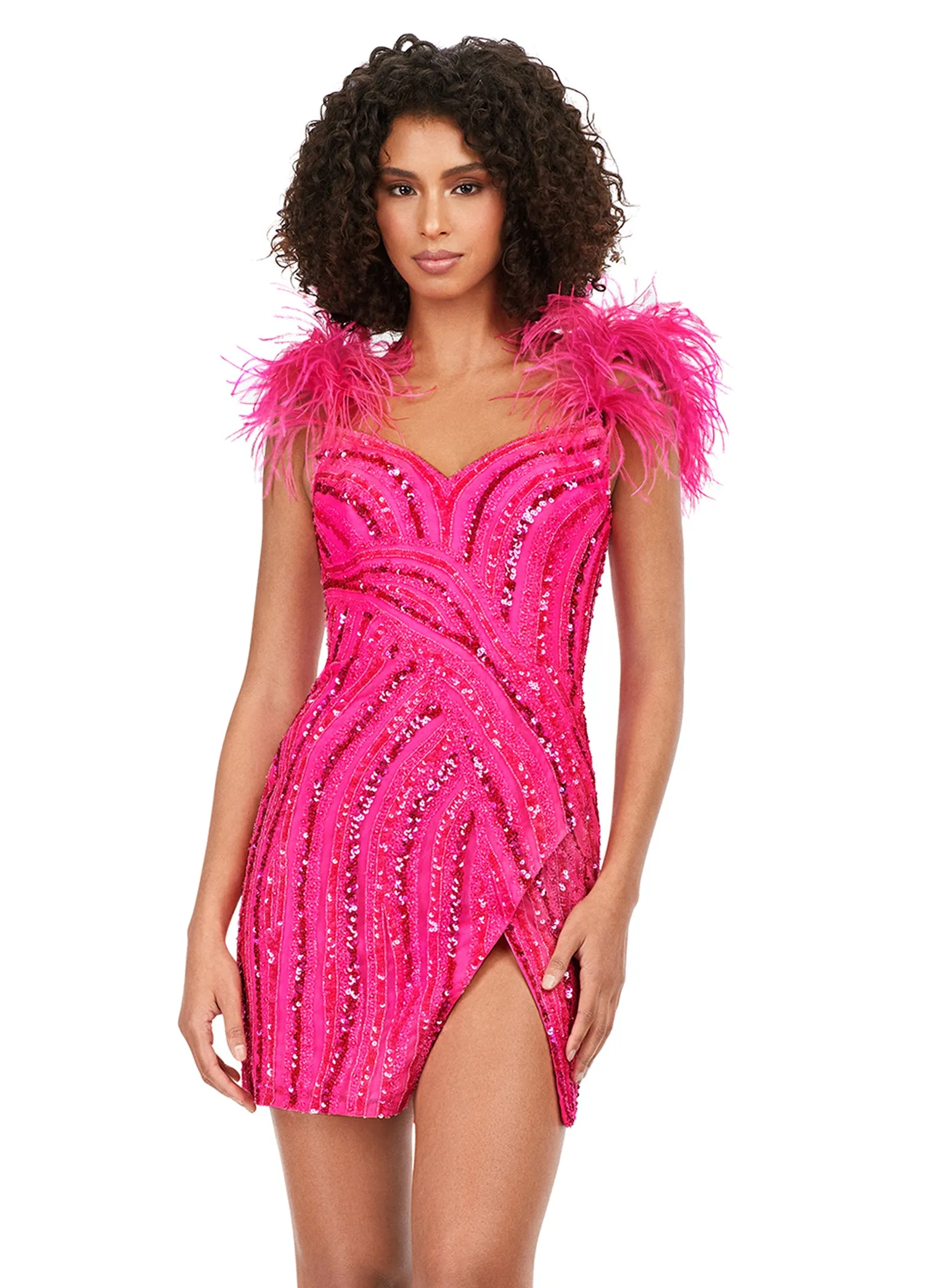 Ashley Lauren 4626 Beaded Spaghetti Strap With Feather Design Fitted Cocktail Homecoming Dress