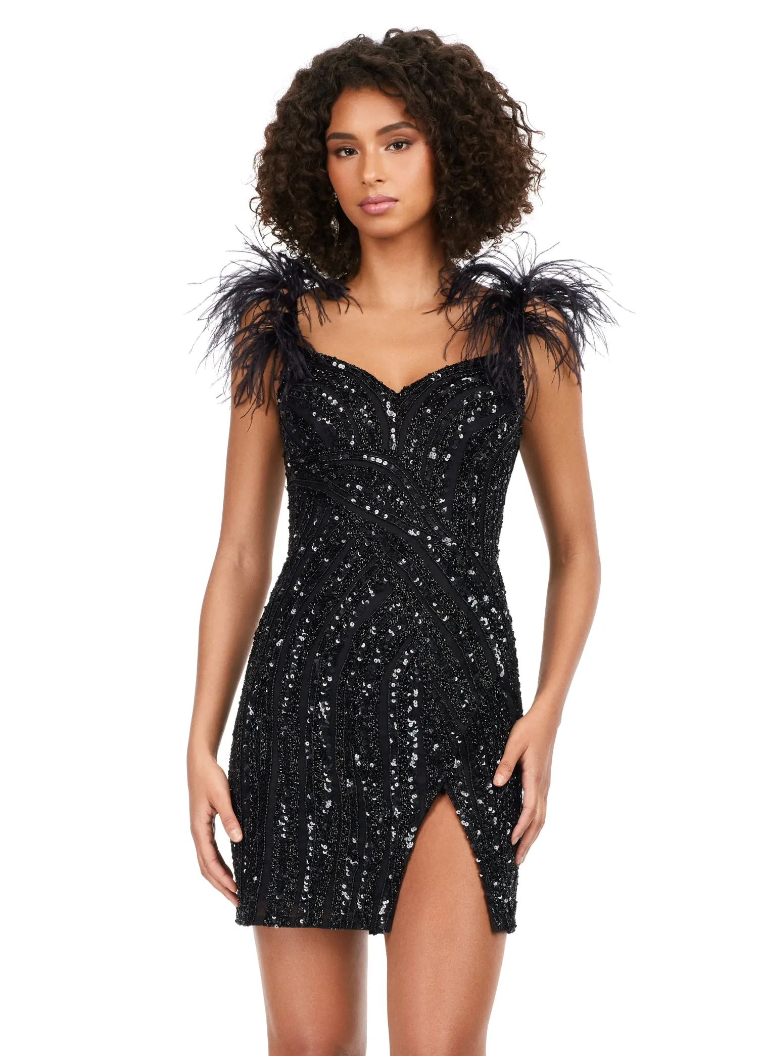 Ashley Lauren 4626 Beaded Spaghetti Strap With Feather Design Fitted Cocktail Homecoming Dress