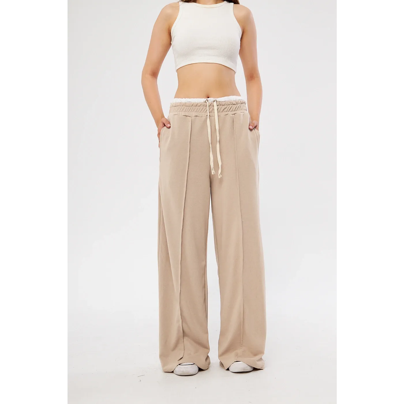 Beige Boxer Belt Wide Leg Trousers