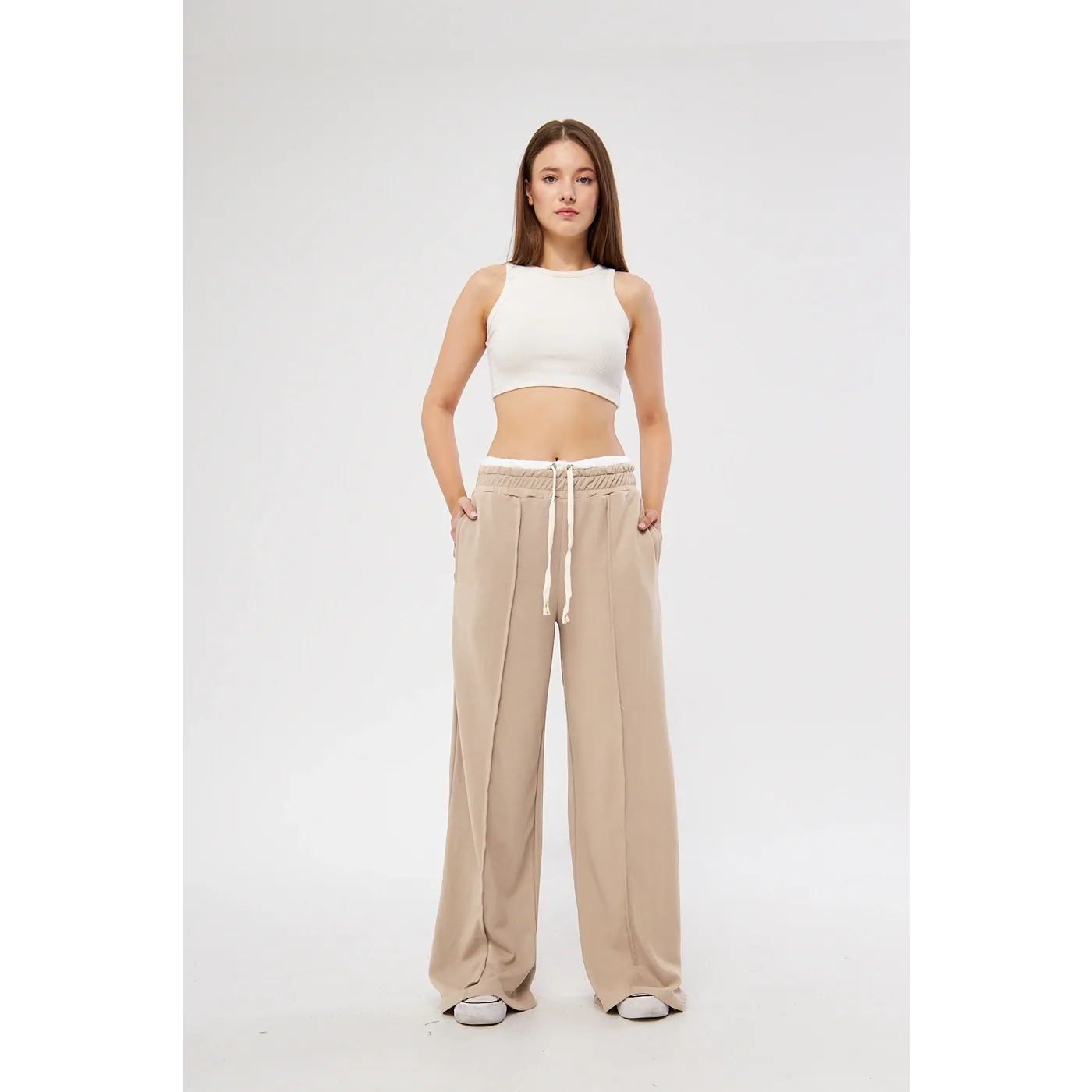 Beige Boxer Belt Wide Leg Trousers