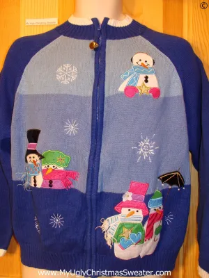 Blue Festive Christmas Sweater with Pastel Snowmen