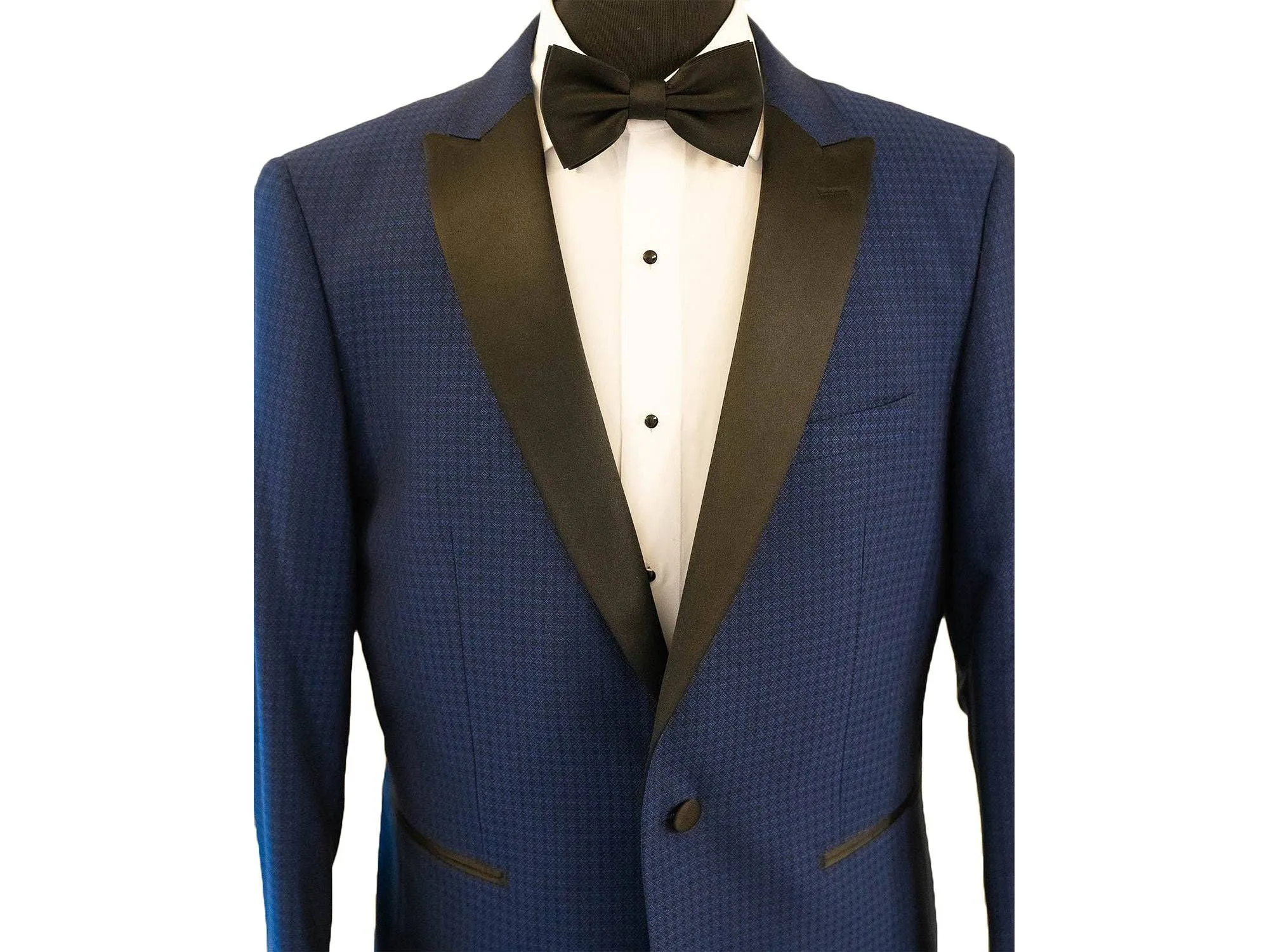 Cobalt Blue Diamond Texture With Black Peak Lapel Dinner Jacket Tuxedo Rental