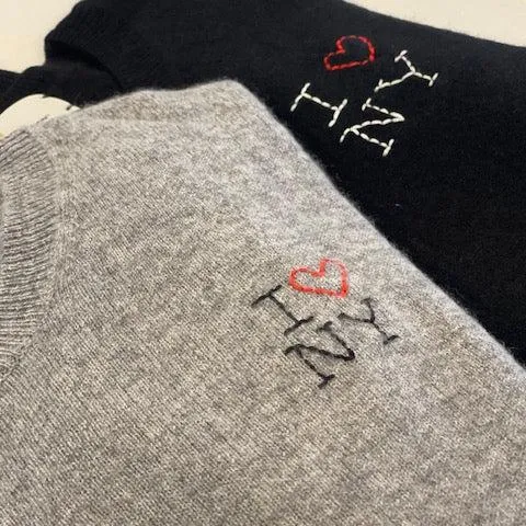 DTD Long Sleeve Cashmere Sweater with Hand Embroidered I LOVE
