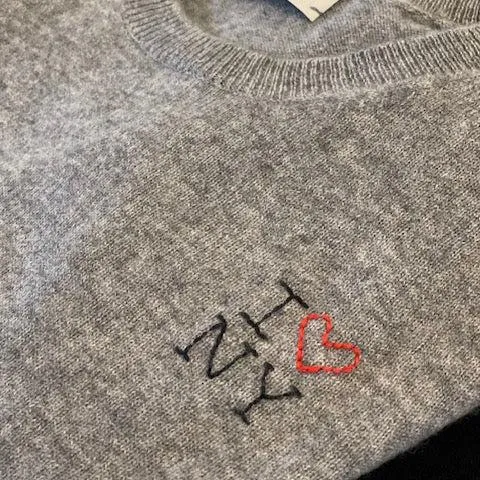 DTD Long Sleeve Cashmere Sweater with Hand Embroidered I LOVE