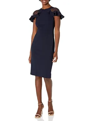 Eliza J Women's Crew Neck Ruffle Shoulder Cocktail Dress, Navy, 12