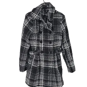 IZ Byer Womens Sz L Hip length Double Breasted Tweed Coat Black White