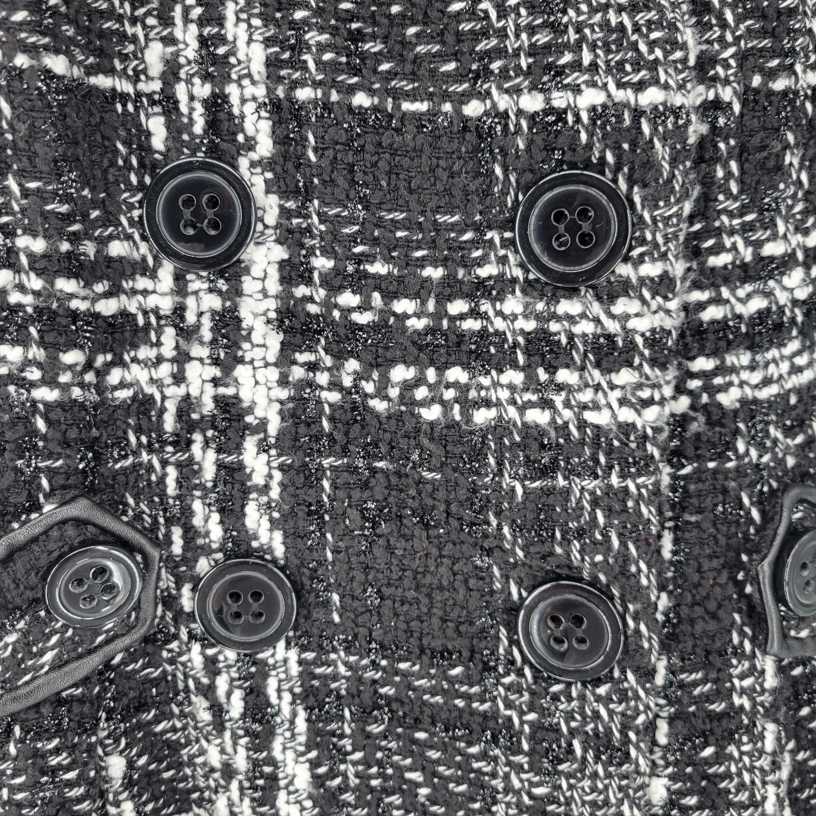 IZ Byer Womens Sz L Hip length Double Breasted Tweed Coat Black White