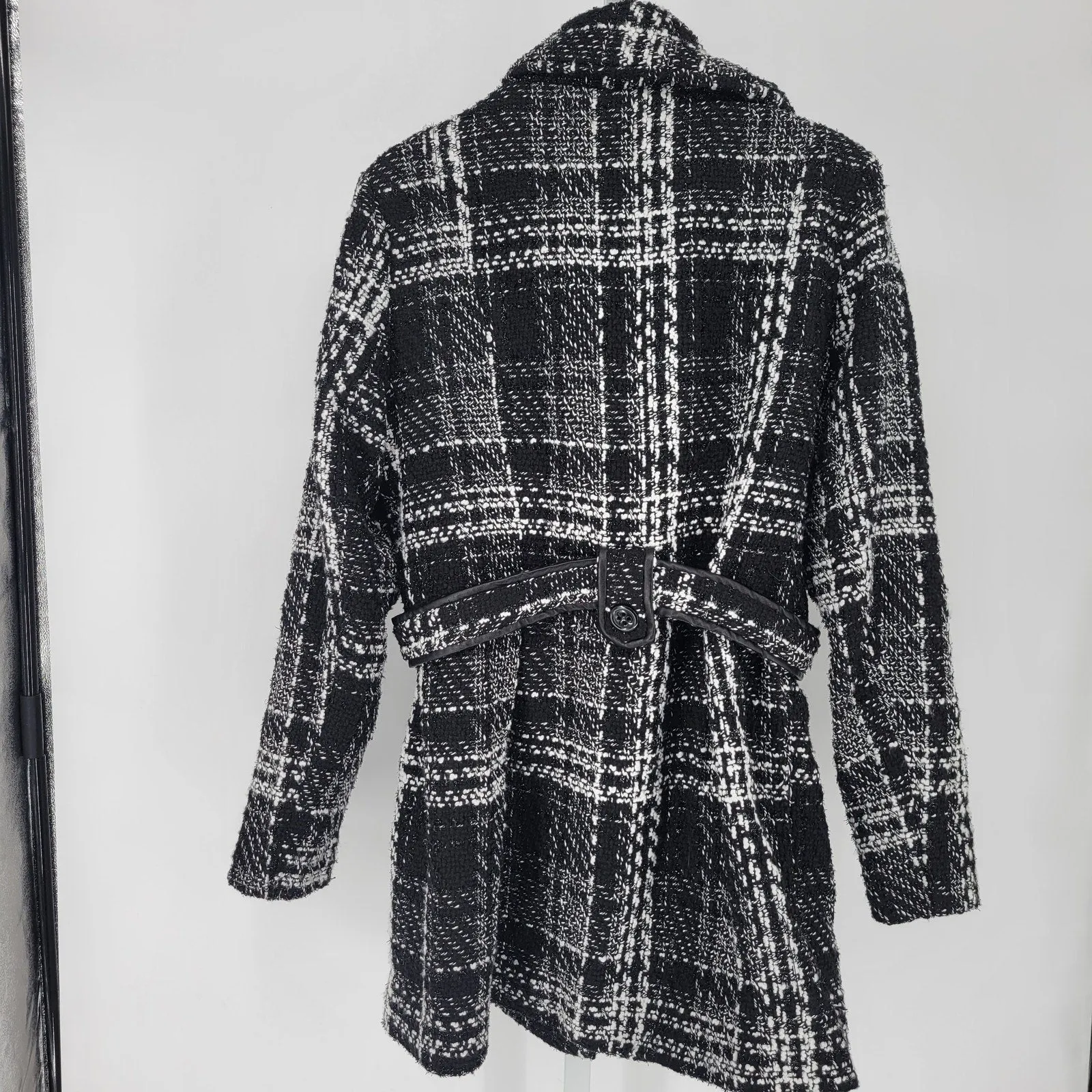 IZ Byer Womens Sz L Hip length Double Breasted Tweed Coat Black White