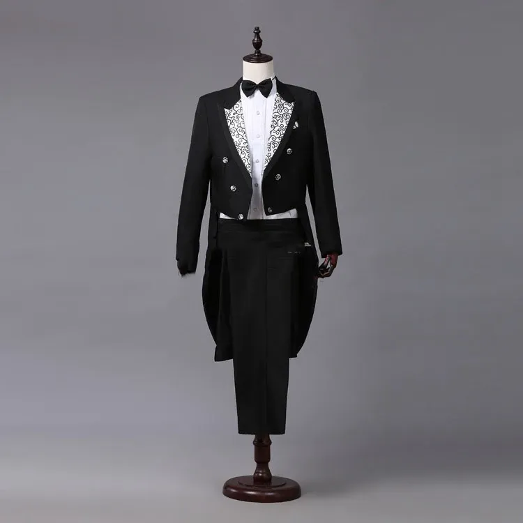 Mens Classic wedding Tuxedo Grooms Print wedding suit with tail coat