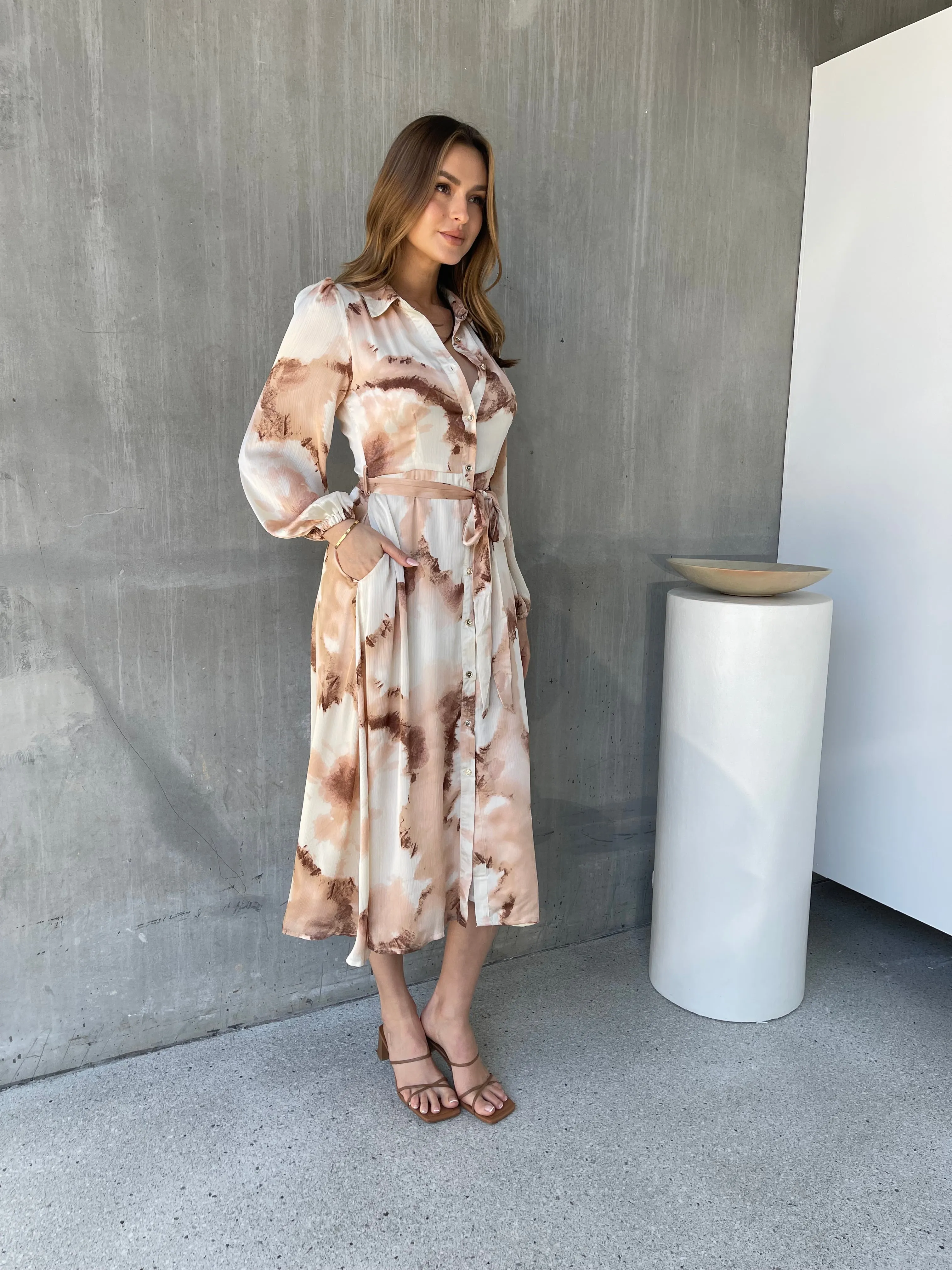 Merida L/Sleeve Nude/Beige Button Front Satin Dress