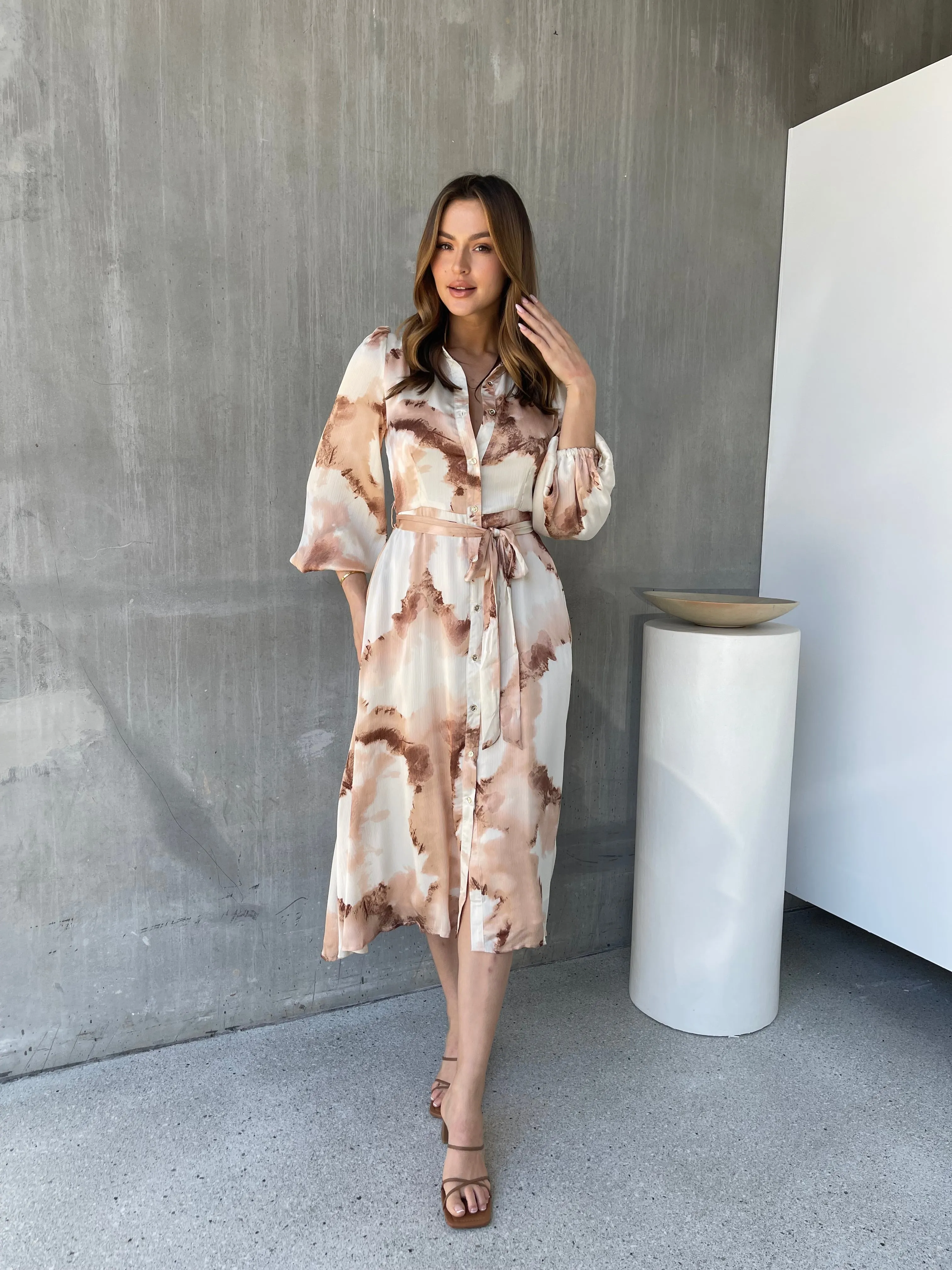 Merida L/Sleeve Nude/Beige Button Front Satin Dress