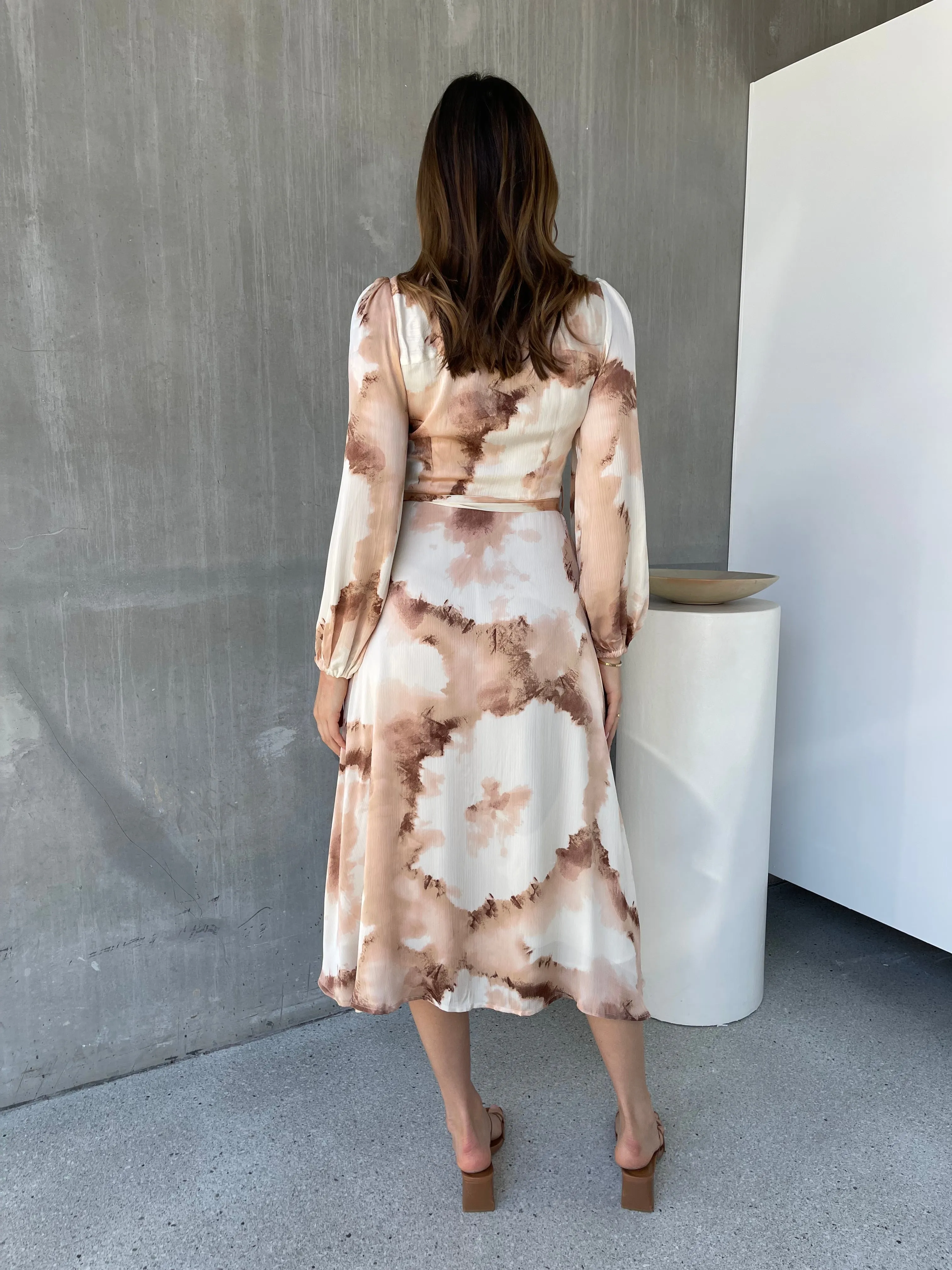 Merida L/Sleeve Nude/Beige Button Front Satin Dress