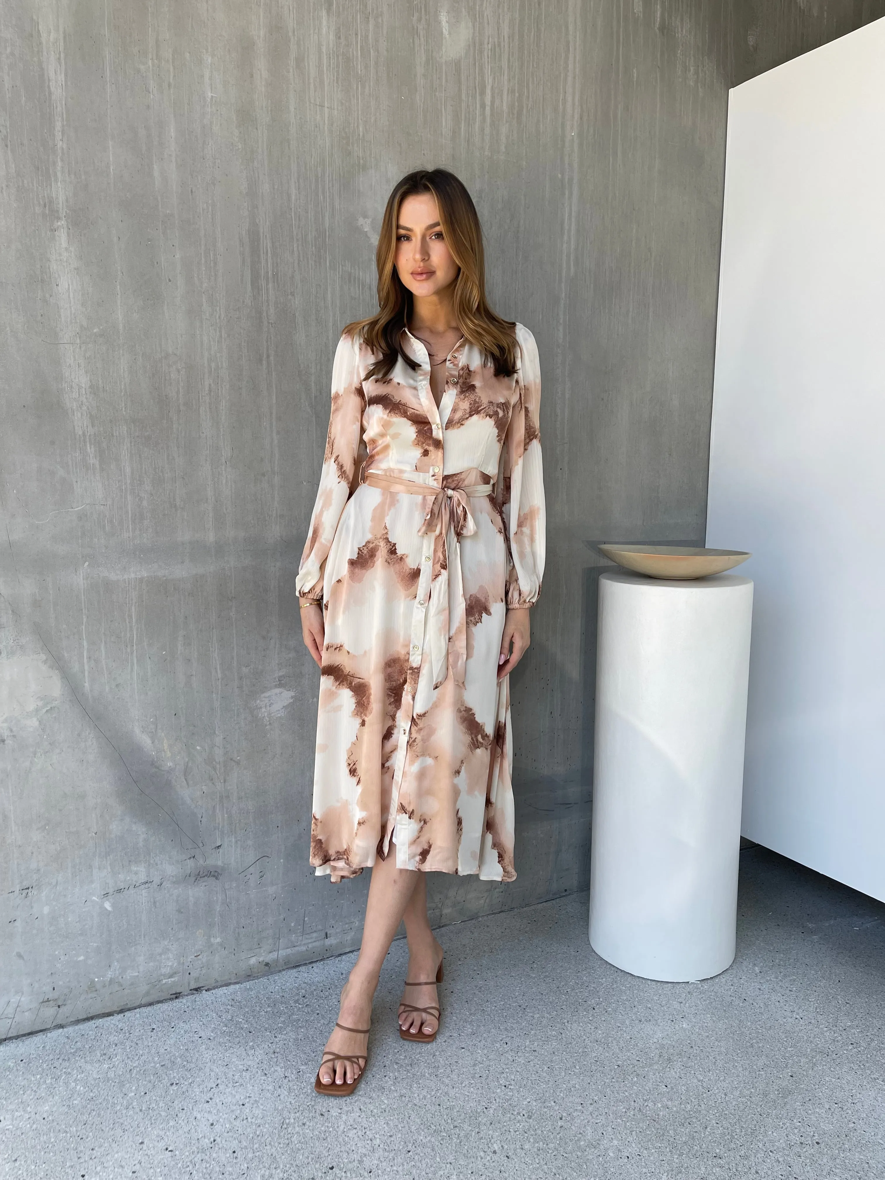 Merida L/Sleeve Nude/Beige Button Front Satin Dress