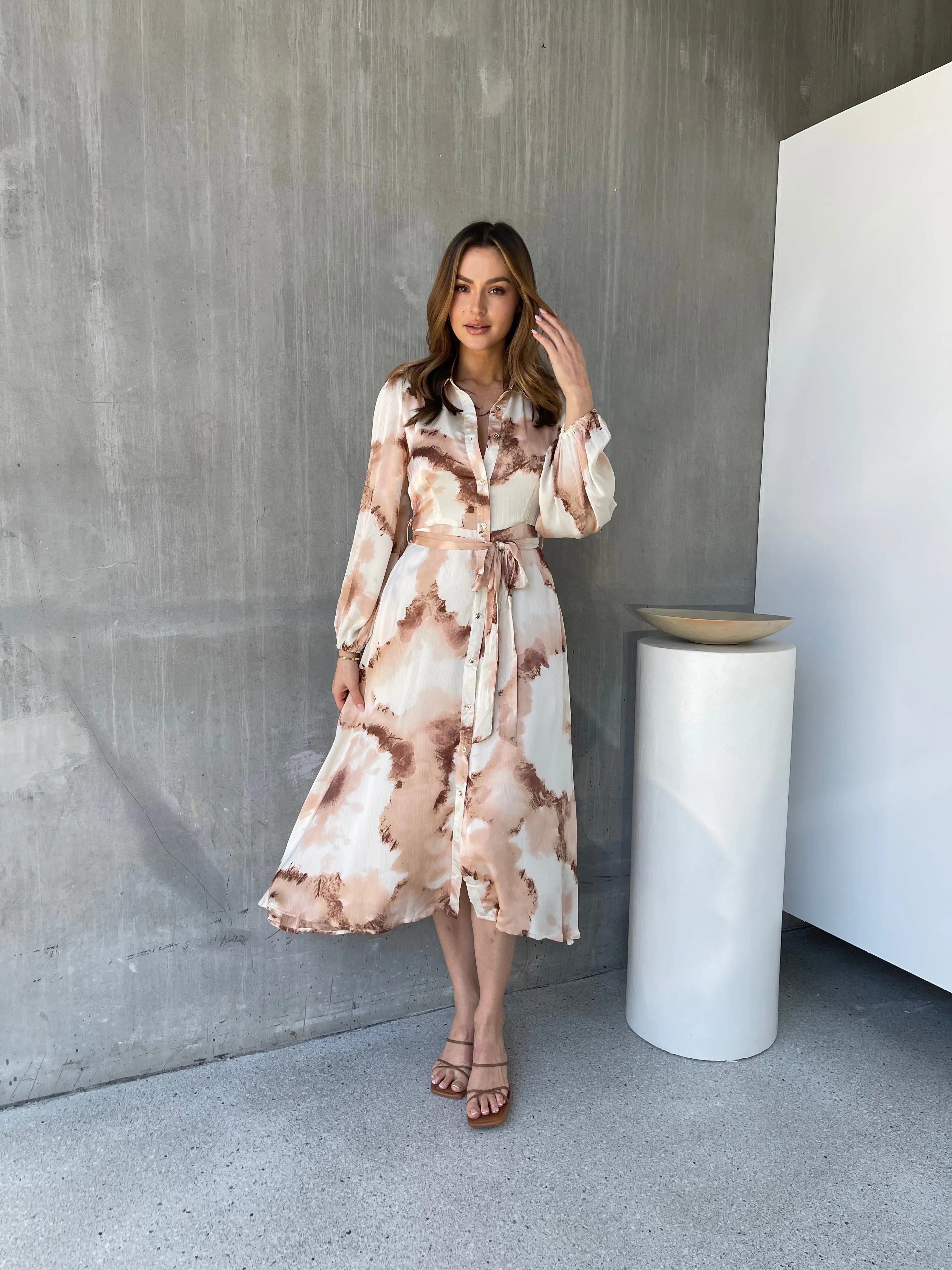 Merida L/Sleeve Nude/Beige Button Front Satin Dress