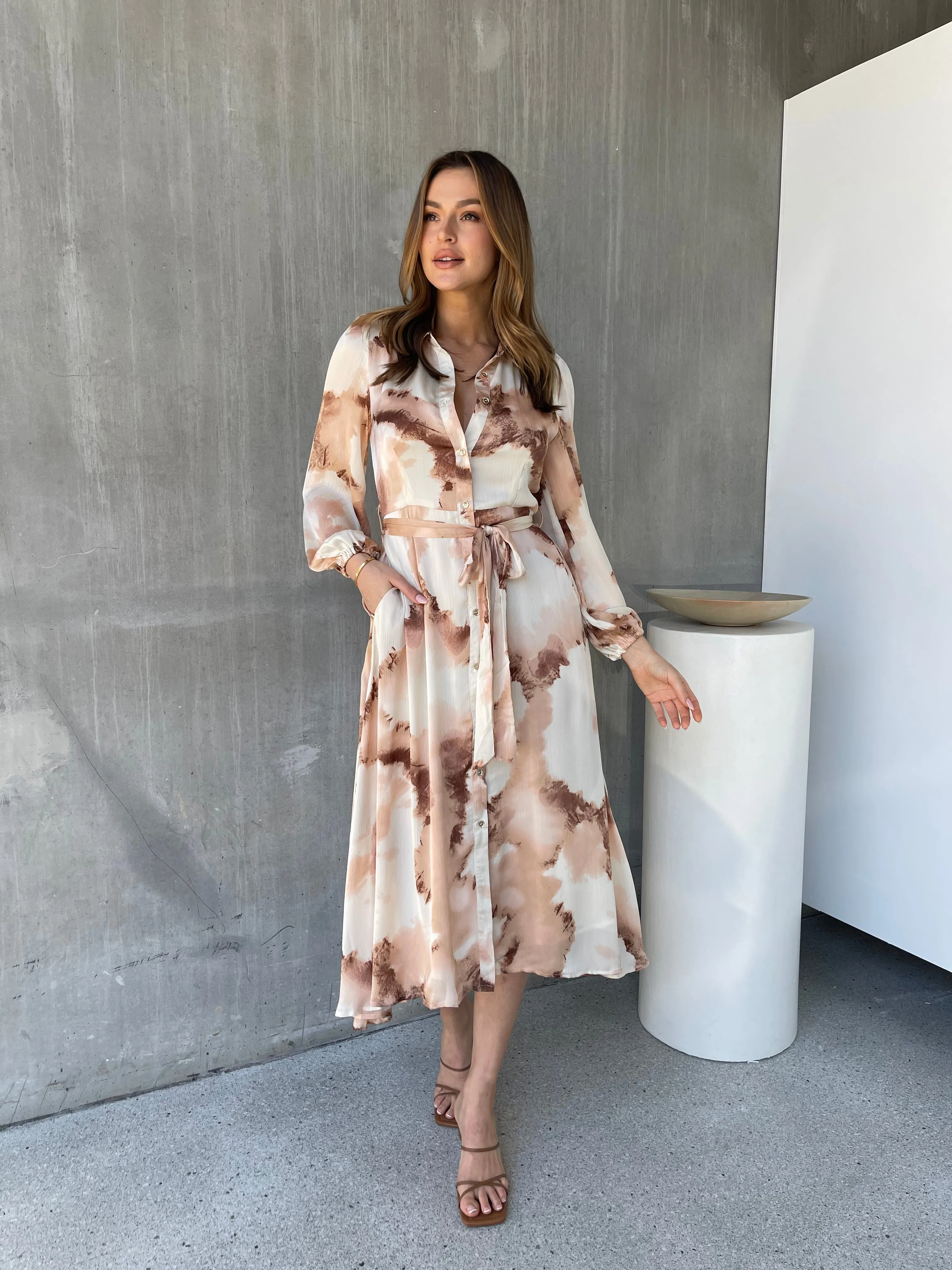 Merida L/Sleeve Nude/Beige Button Front Satin Dress