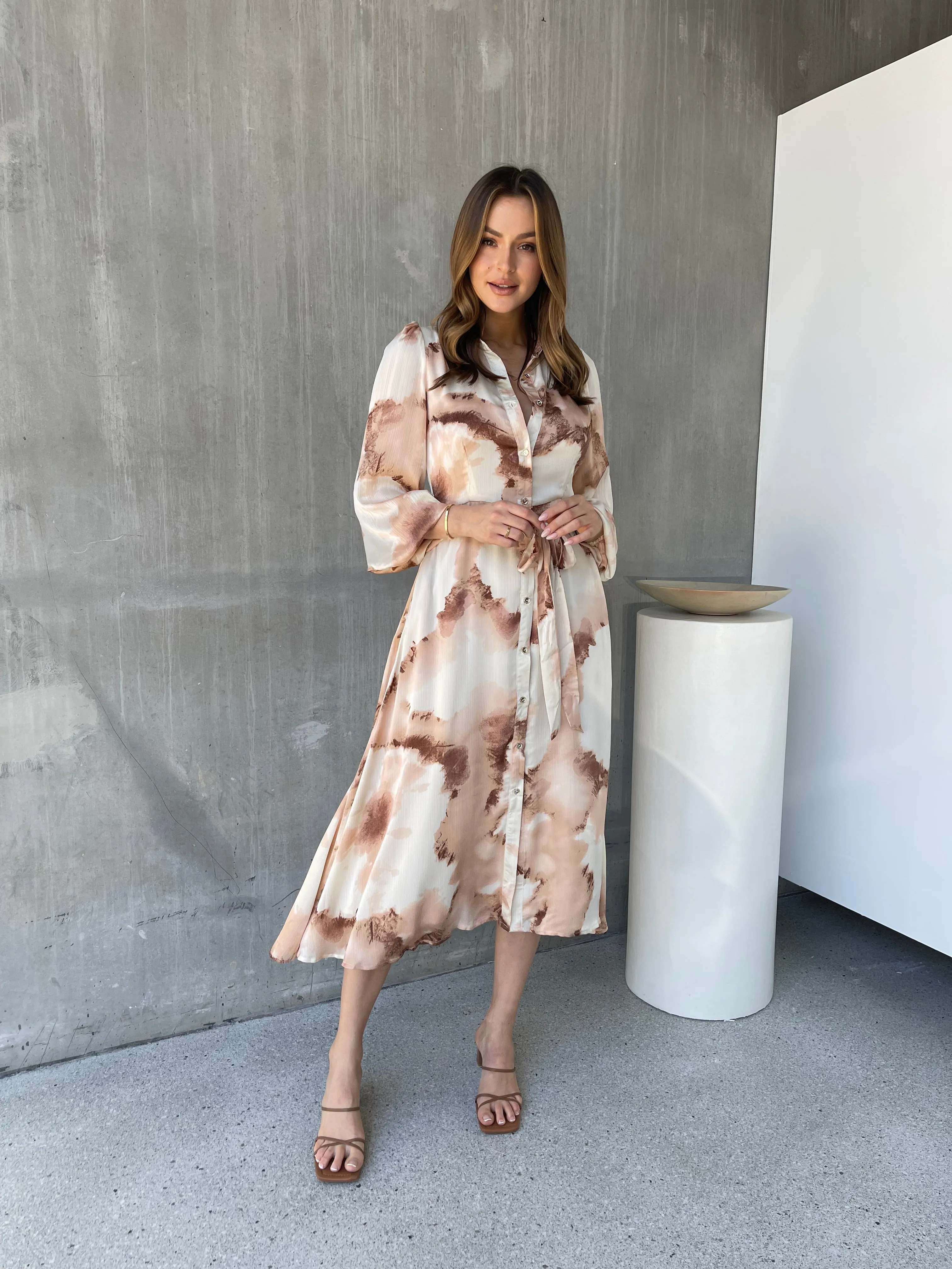 Merida L/Sleeve Nude/Beige Button Front Satin Dress
