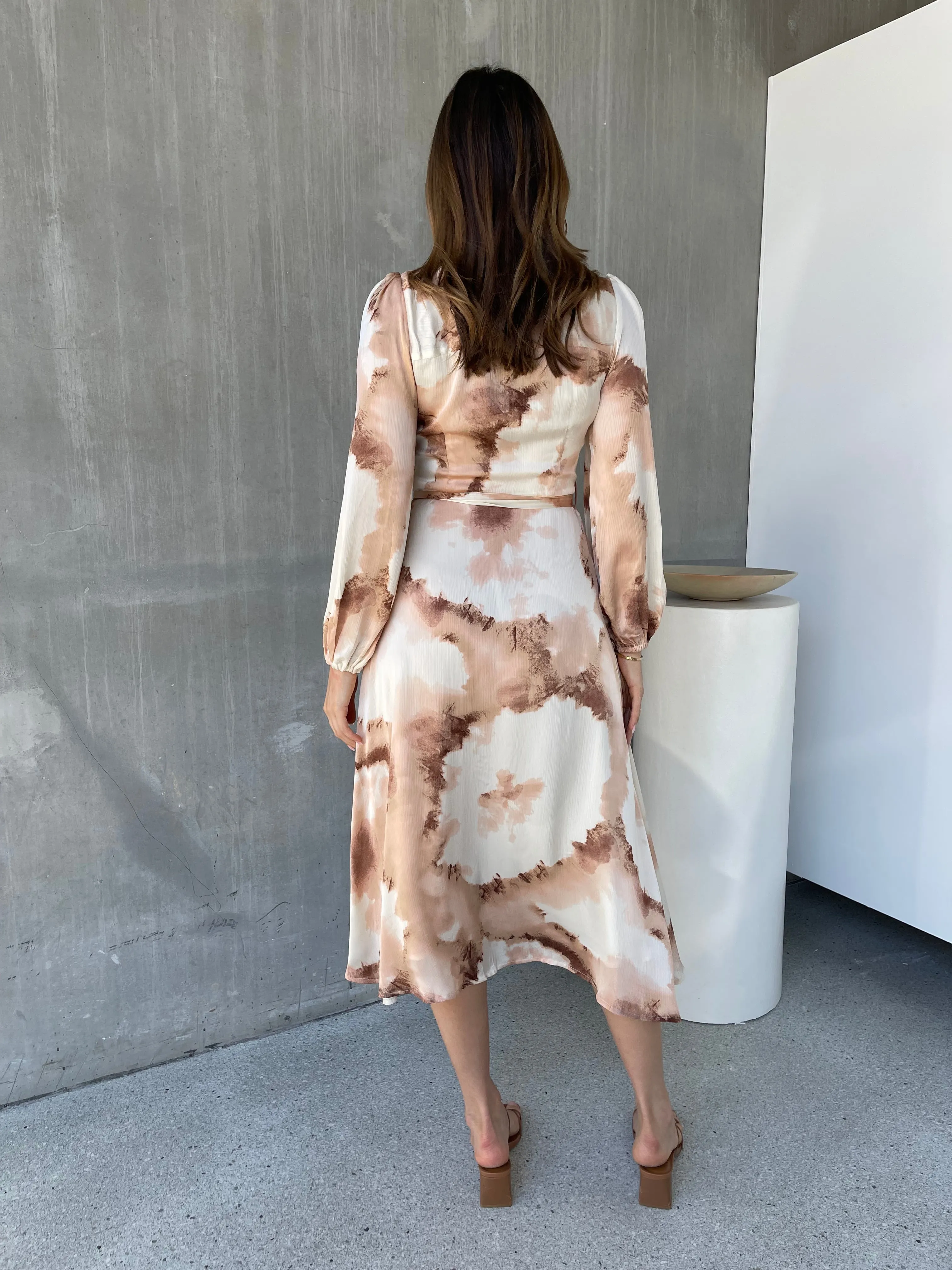 Merida L/Sleeve Nude/Beige Button Front Satin Dress