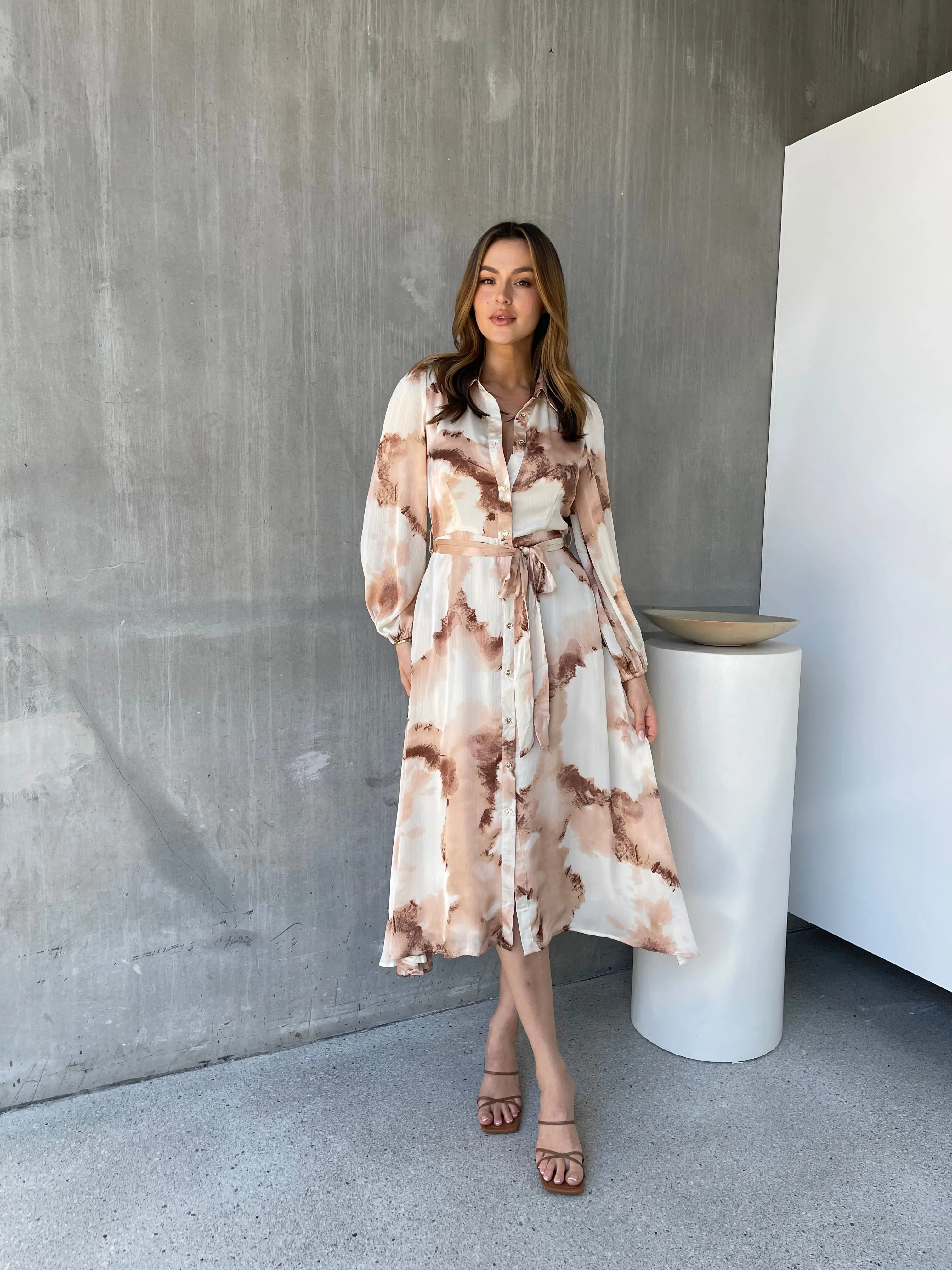 Merida L/Sleeve Nude/Beige Button Front Satin Dress