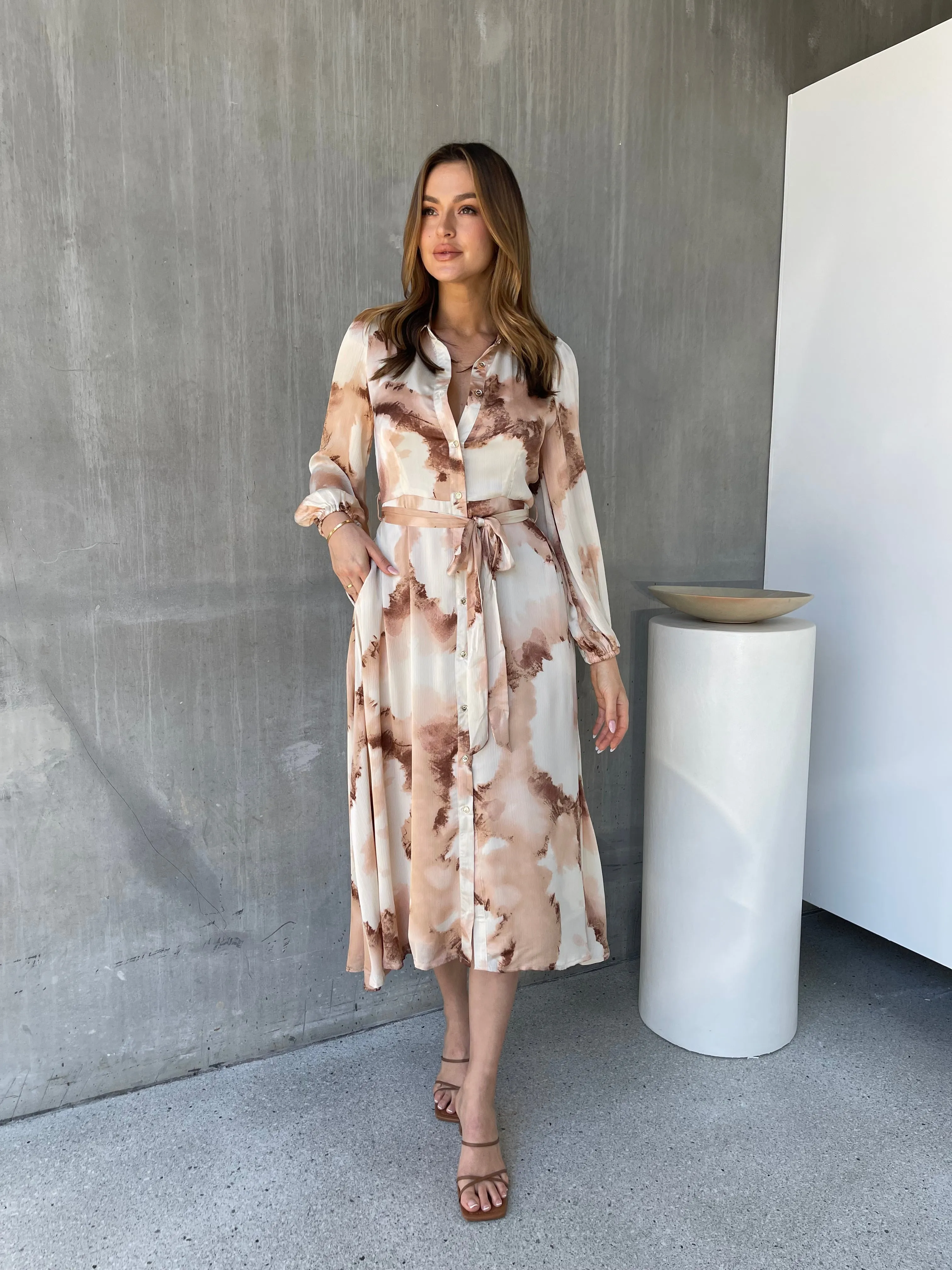 Merida L/Sleeve Nude/Beige Button Front Satin Dress