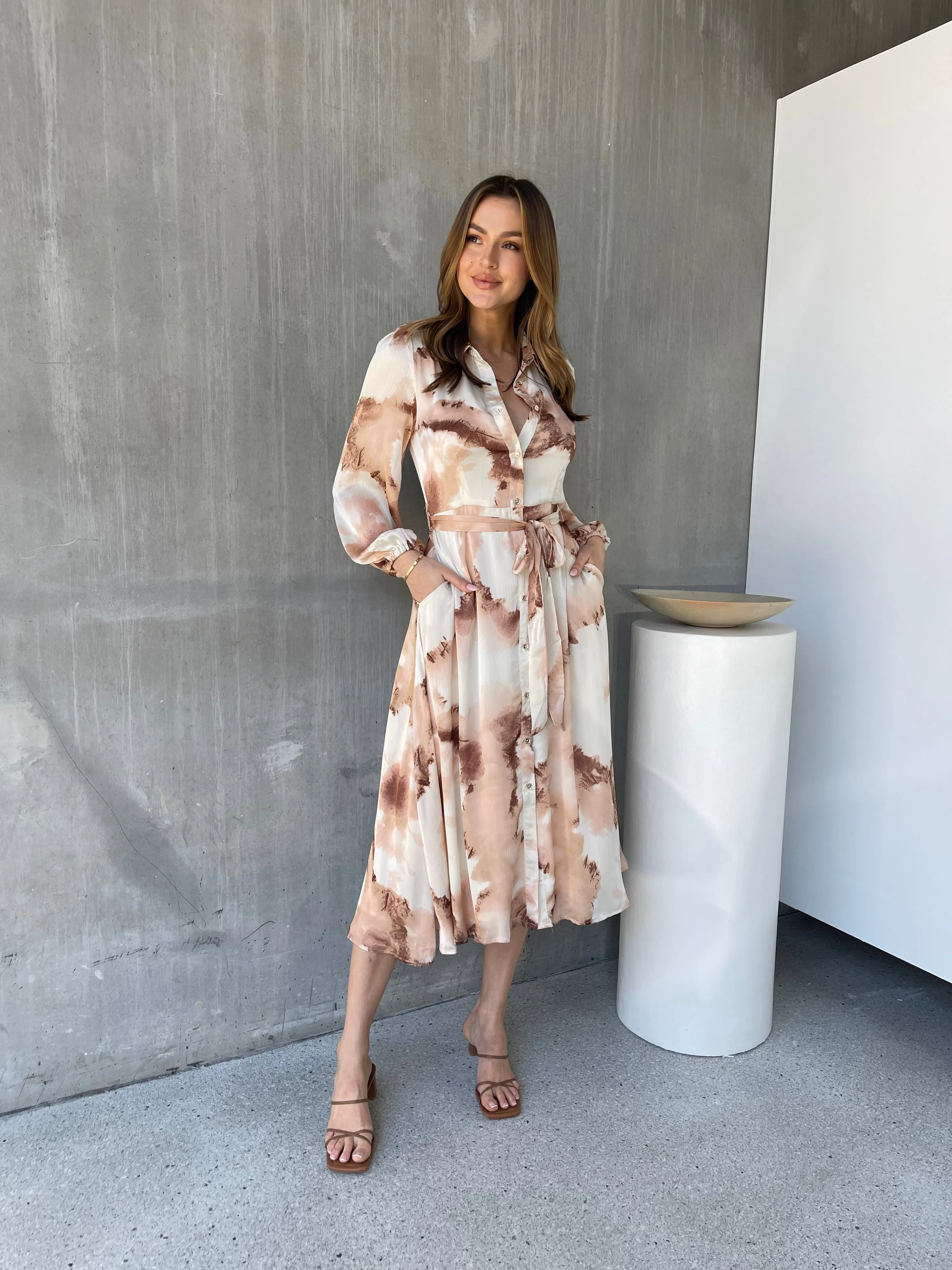Merida L/Sleeve Nude/Beige Button Front Satin Dress