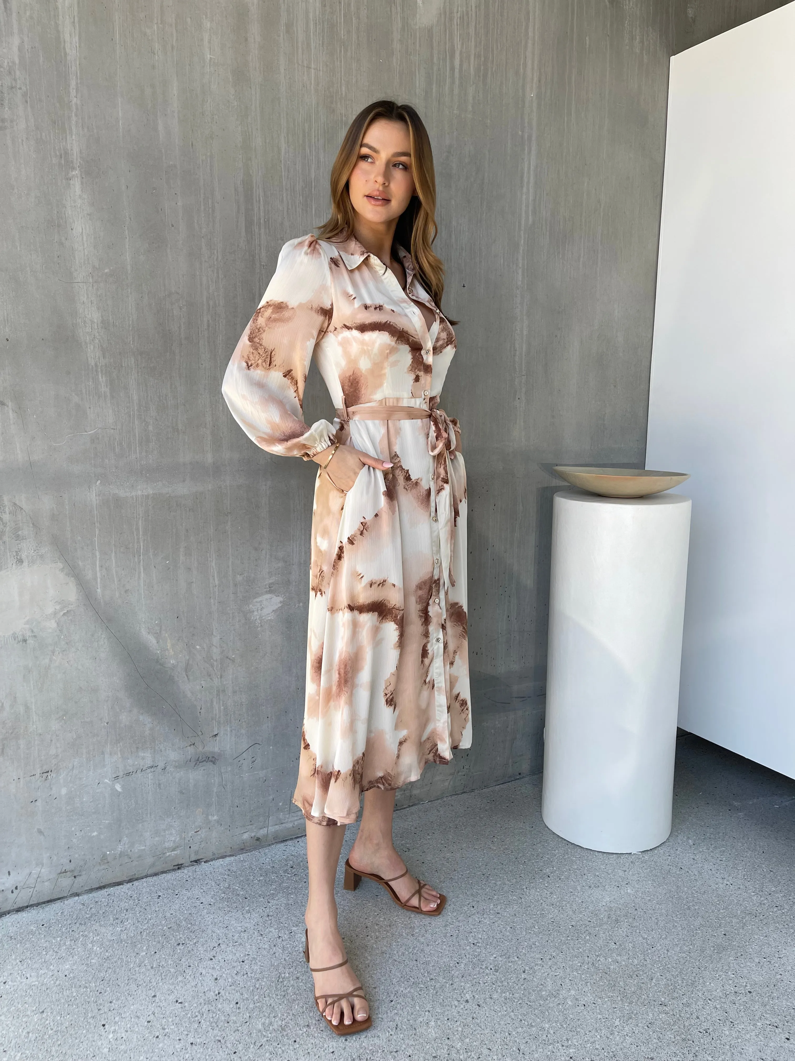 Merida L/Sleeve Nude/Beige Button Front Satin Dress