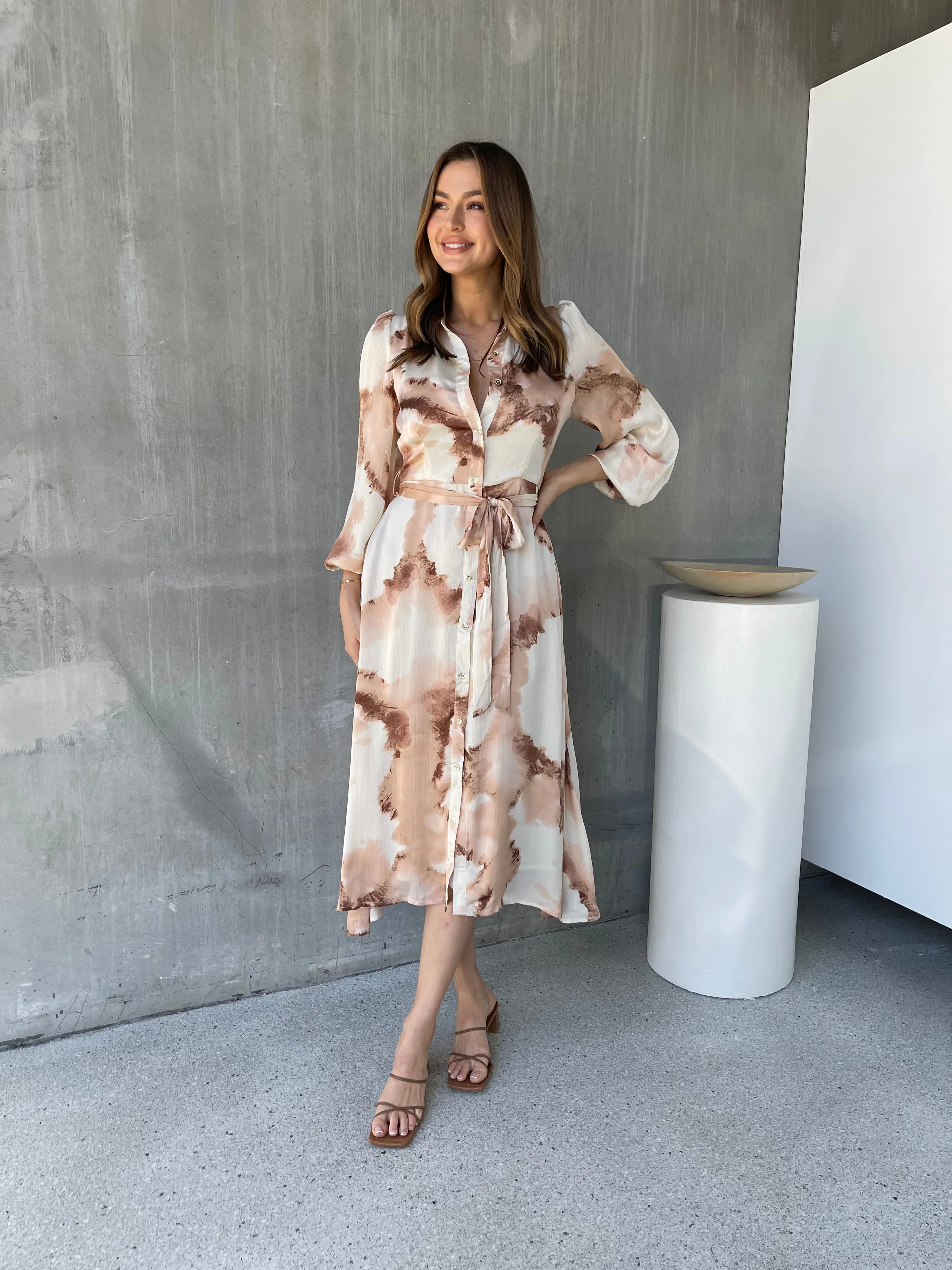 Merida L/Sleeve Nude/Beige Button Front Satin Dress