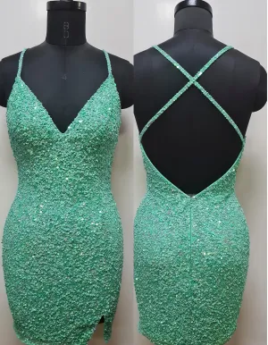 Primavera Couture 3900 Size 10 Jade Cocktail Dress Sequin Cross Back V-Neck Slit Short Homecoming Cocktail Dress.