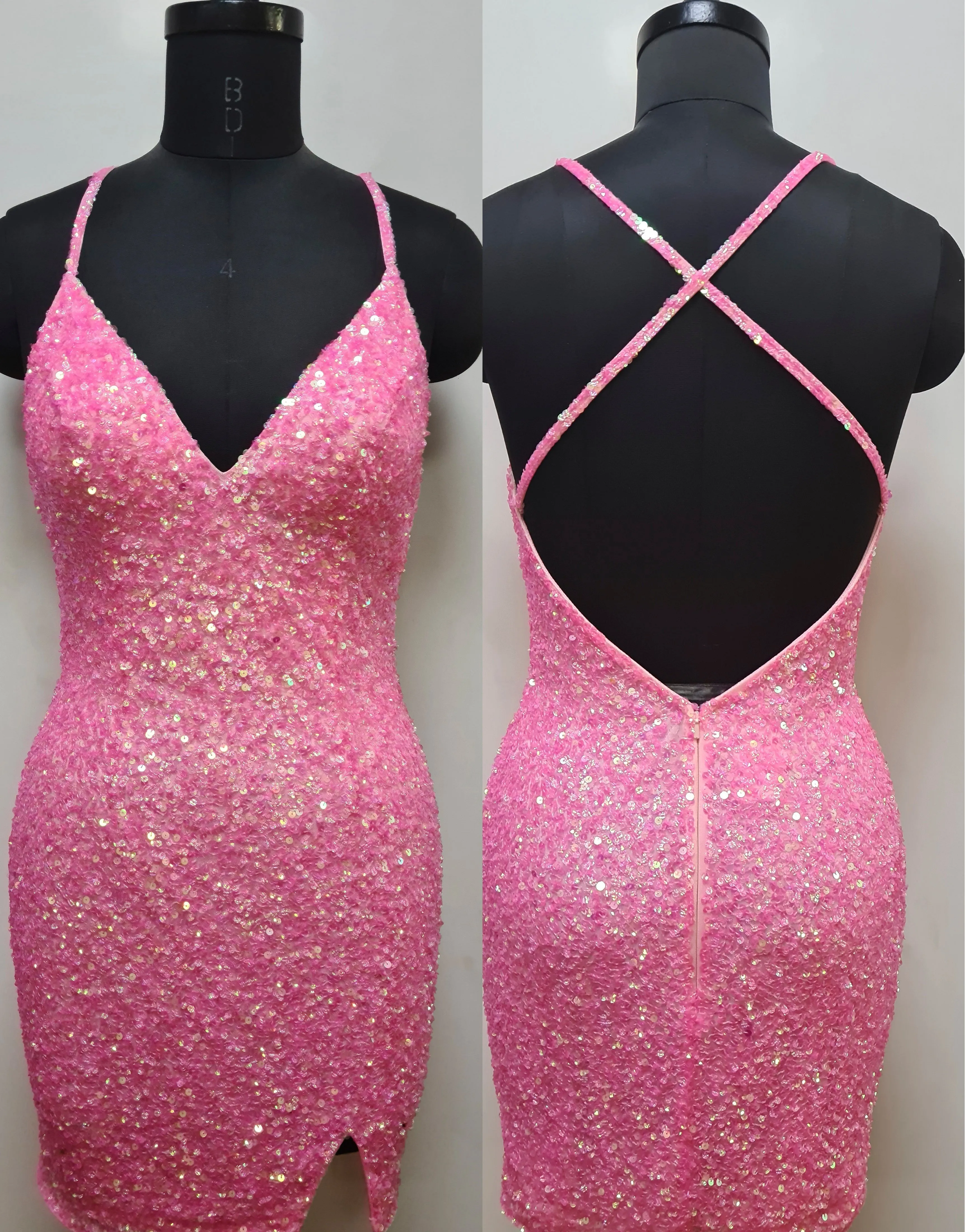 Primavera Couture 3900 Size 10 Jade Cocktail Dress Sequin Cross Back V-Neck Slit Short Homecoming Cocktail Dress.