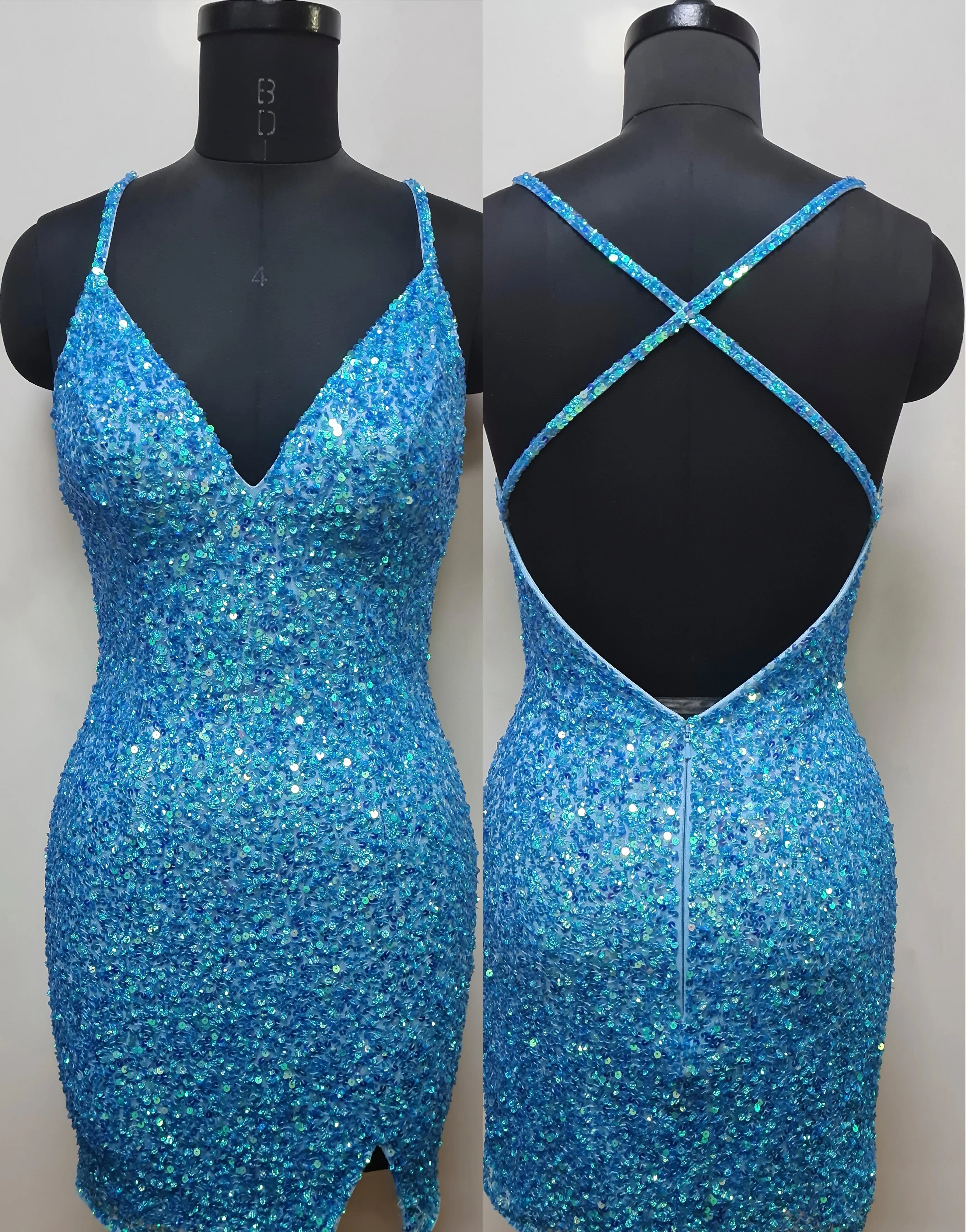 Primavera Couture 3900 Size 10 Jade Cocktail Dress Sequin Cross Back V-Neck Slit Short Homecoming Cocktail Dress.