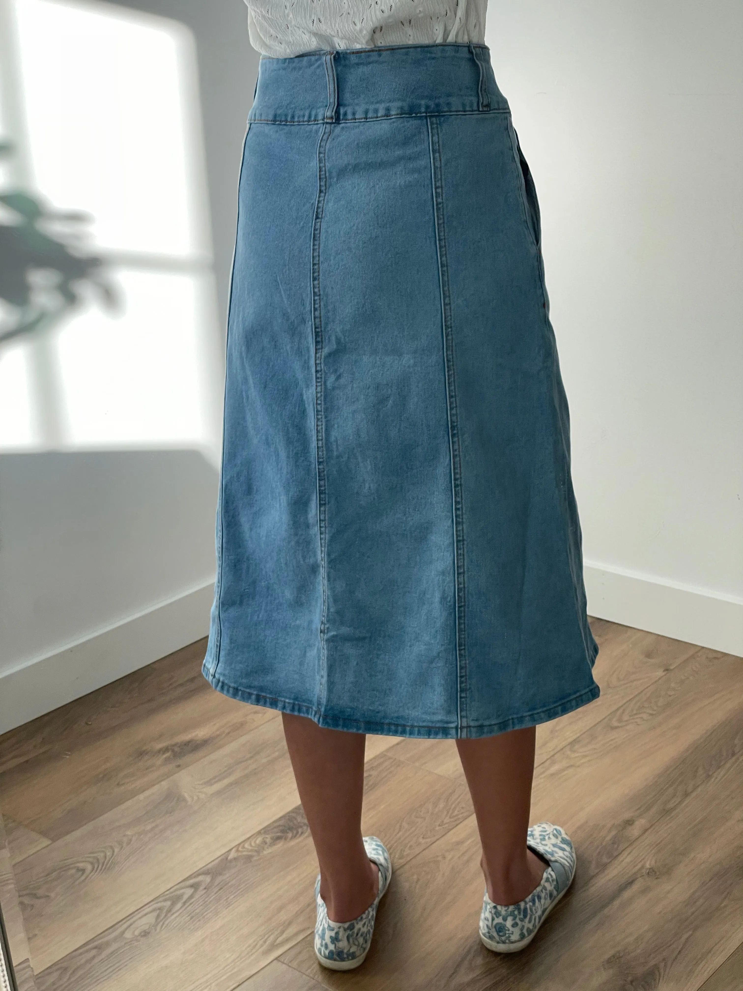"Sadie" A-Line Denim Skirt in Stone Wash