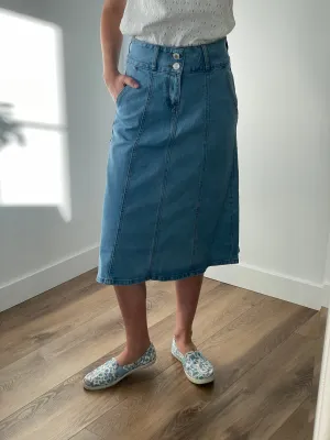 "Sadie" A-Line Denim Skirt in Stone Wash