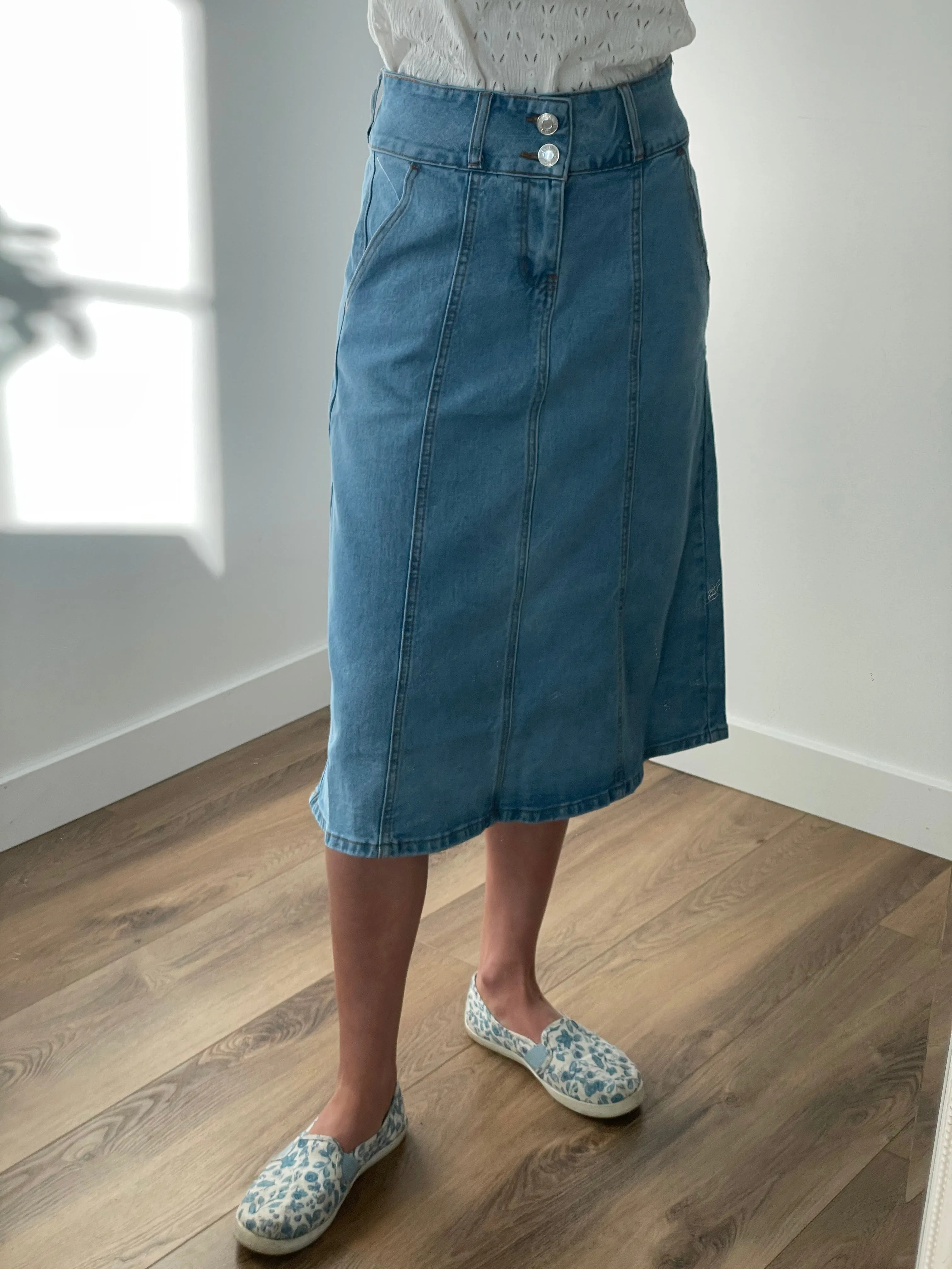 "Sadie" A-Line Denim Skirt in Stone Wash