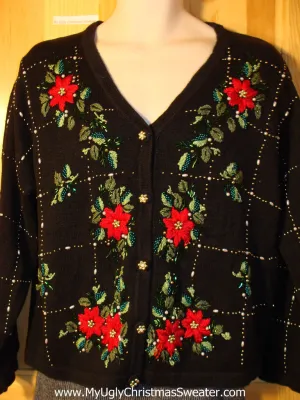 Tacky Ugly Christmas Sweater with Red Bright Poinsettias and Gold Bling (f722)
