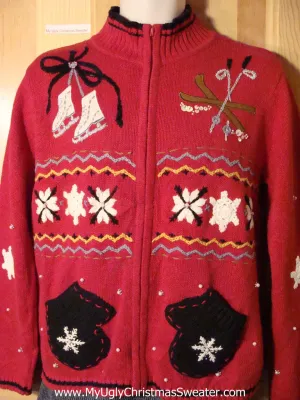 Tacky Ugly Christmas Sweater with Skates, Skis, Mittens, and Snowflakes (f762)