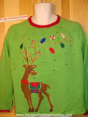 Tacky Ugly Green Christmas Sweater Festive Huge Reindeer (f131)