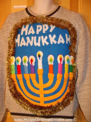 Ugly Christmas Sweater Party Hanukkah Sweater Mens with Menorah (j251)
