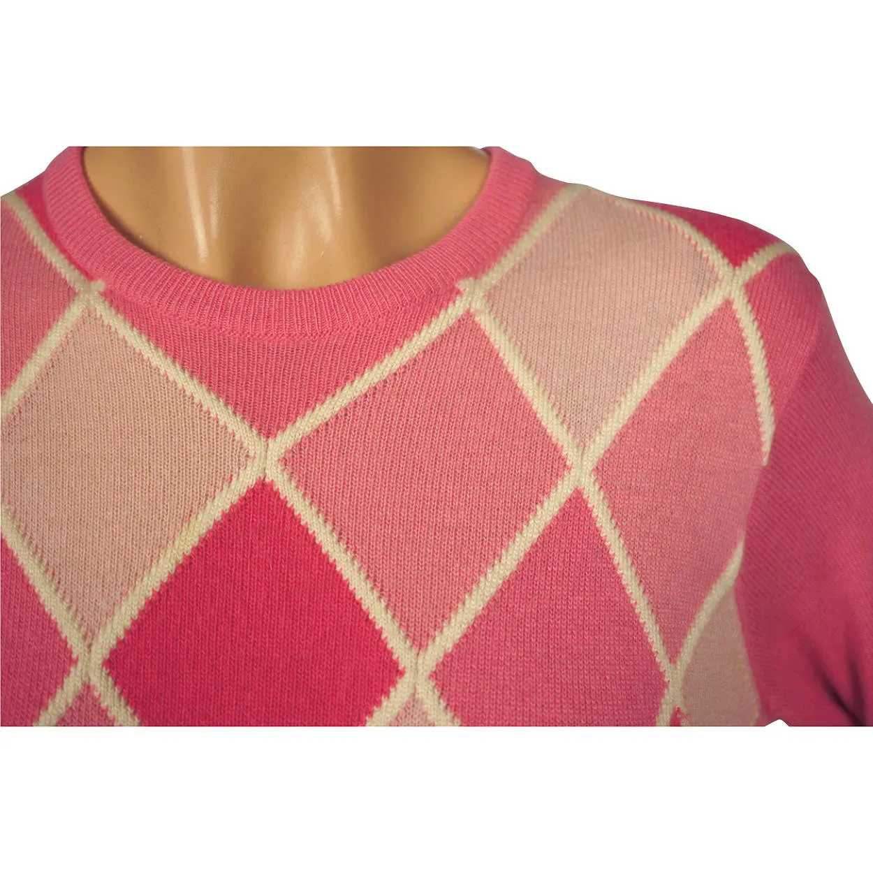 Vintage 1960s Ballantyne Pink Argyle Scottish Cashmere Sweater Pullover Ladies M