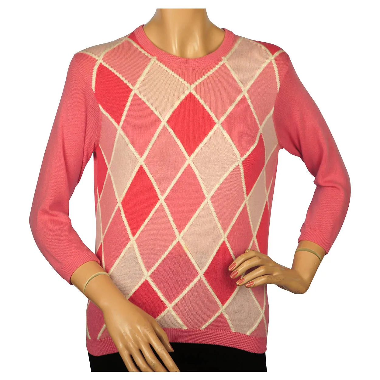 Vintage 1960s Ballantyne Pink Argyle Scottish Cashmere Sweater Pullover Ladies M