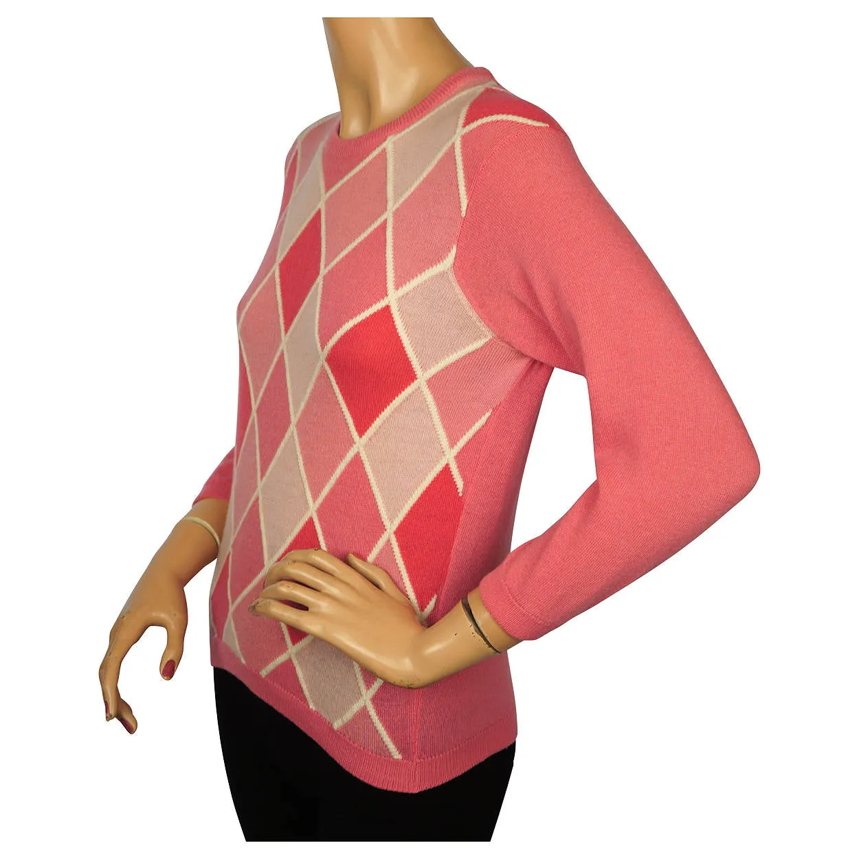 Vintage 1960s Ballantyne Pink Argyle Scottish Cashmere Sweater Pullover Ladies M