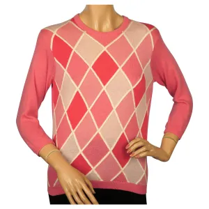 Vintage 1960s Ballantyne Pink Argyle Scottish Cashmere Sweater Pullover Ladies M